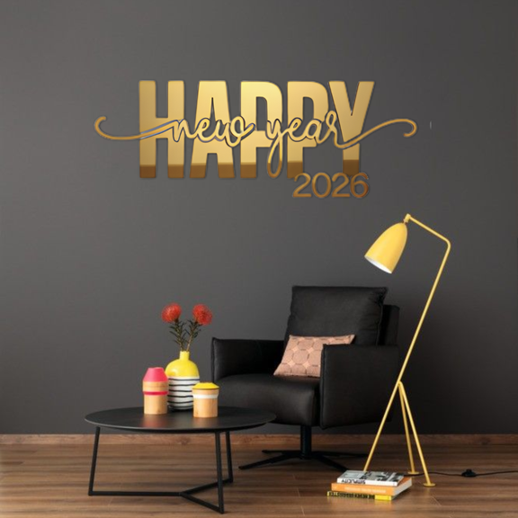 Living room with 'Happy New Year 2026' decoration on the wall, black armchair, and decorative items.