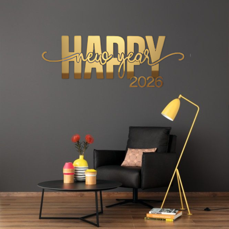 Living room with 'Happy New Year 2026' decoration on the wall, black armchair, and decorative items.