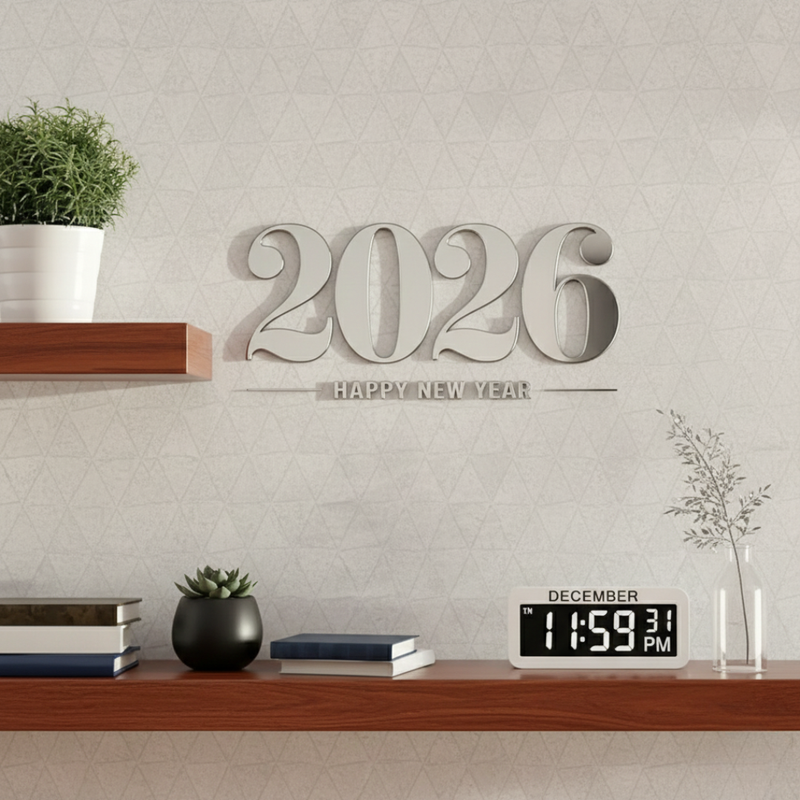 Decorative wall art with '2026 Happy New Year' on a wall above a shelf with books and a clock.
