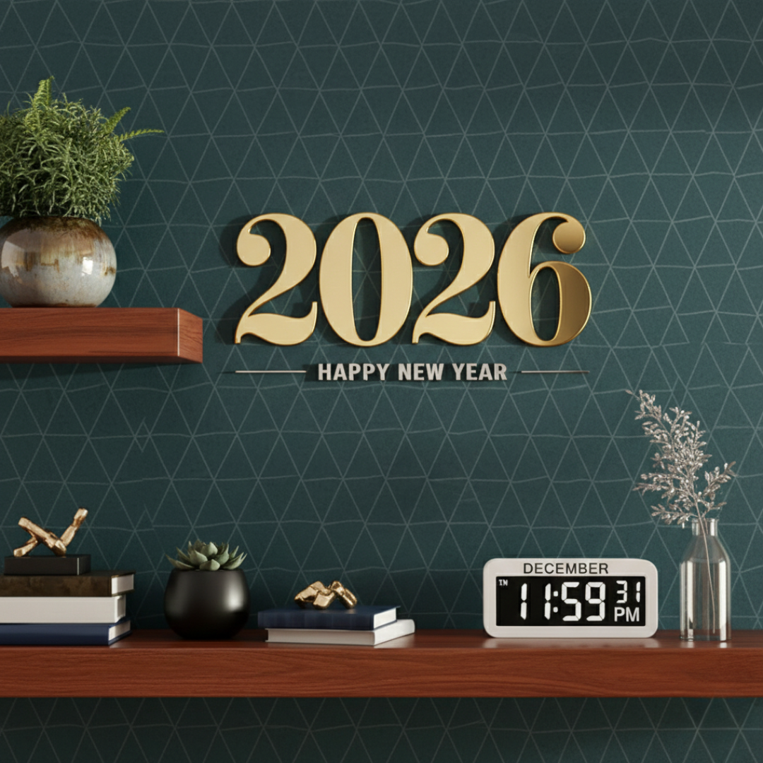 Decorative setup with '2026 Happy New Year' sign on a shelf against a geometric patterned wall.