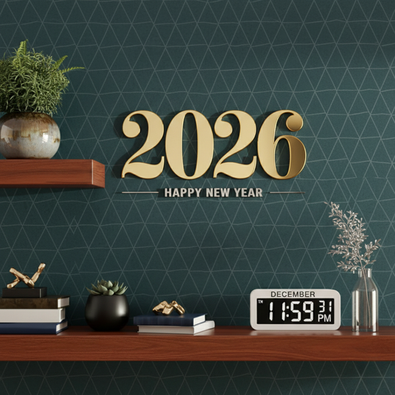 Decorative setup with '2026 Happy New Year' sign on a shelf against a geometric patterned wall.