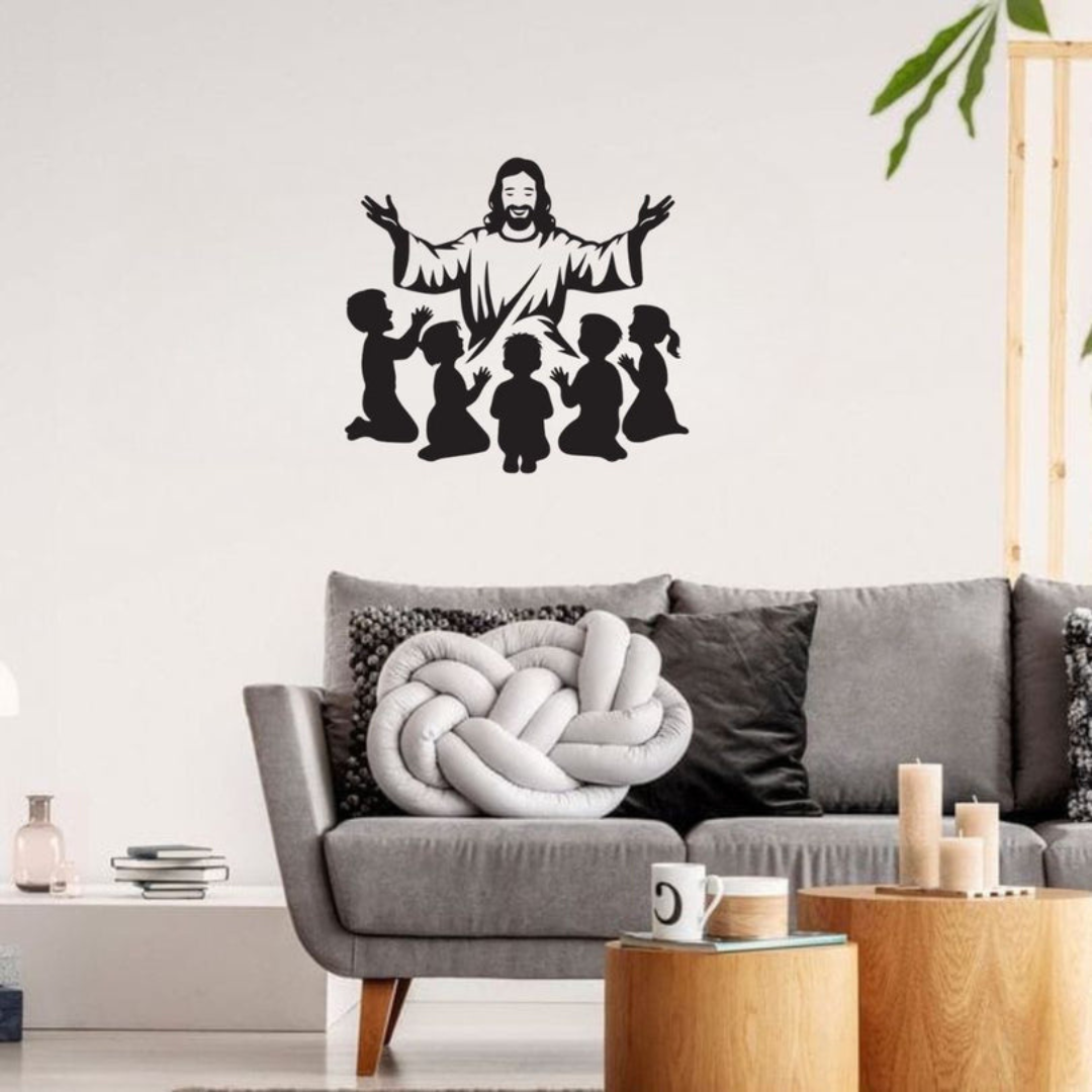 Jesus Christ with Children - Christian Home Décor - Christmas & Baptism - For Church - arcdew.com - Black acrylic wall decal of Jesus Christ with children, arcdew special branded Christian décor.