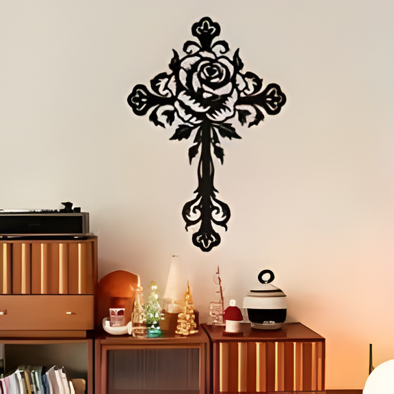 Jesus Cross Unique Design - Christmas & Baptism Decor - For Church or Home - arcdew.com - Black acrylic Jesus cross wall decor with branded Arcdew floral design.