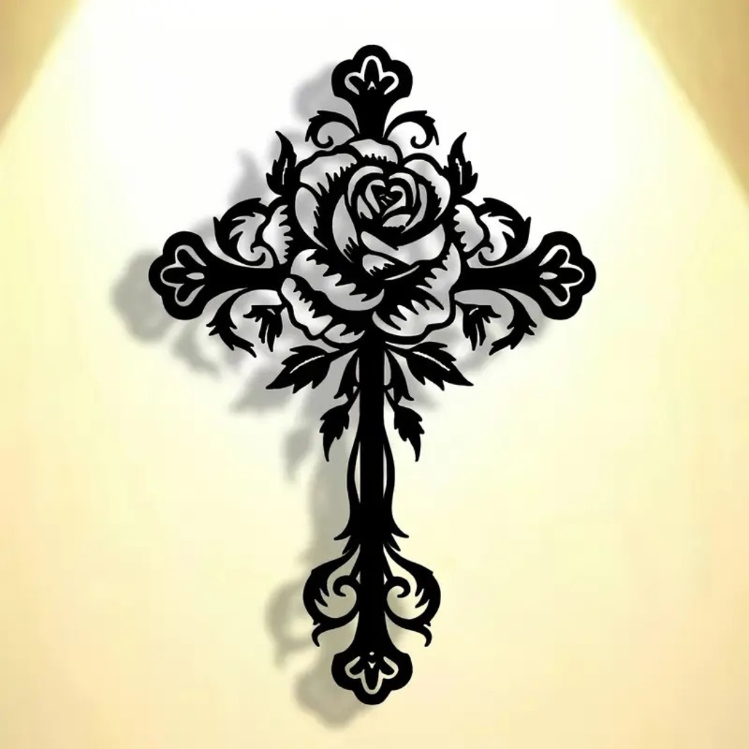 Jesus Cross Unique Design - Christmas & Baptism Decor - For Church or Home - arcdew.com - Black acrylic Jesus cross with intricate rose design, branded Arcdew special wall decor.