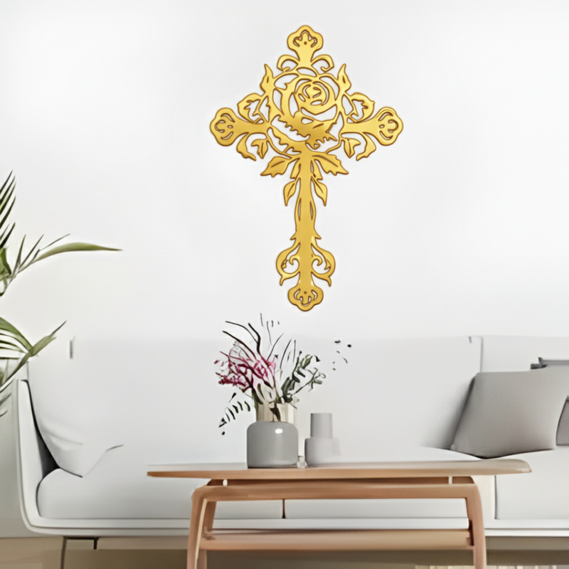 Jesus Cross Unique Design - Christmas & Baptism Decor - For Church or Home - arcdew.com - Gold acrylic Jesus cross wall decoration with intricate floral design, Arcdew branded special piece.