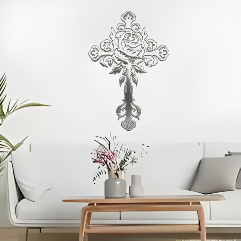 Jesus Cross Unique Design - Christmas & Baptism Decor - For Church or Home - arcdew.com - Silver acrylic Jesus cross wall decoration with ornate floral design by Arcdew.