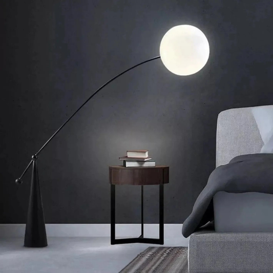 Lunar Balance Arc Floor Lamp – Modern Sculptural Standing Lamp with Black Tapered Base..