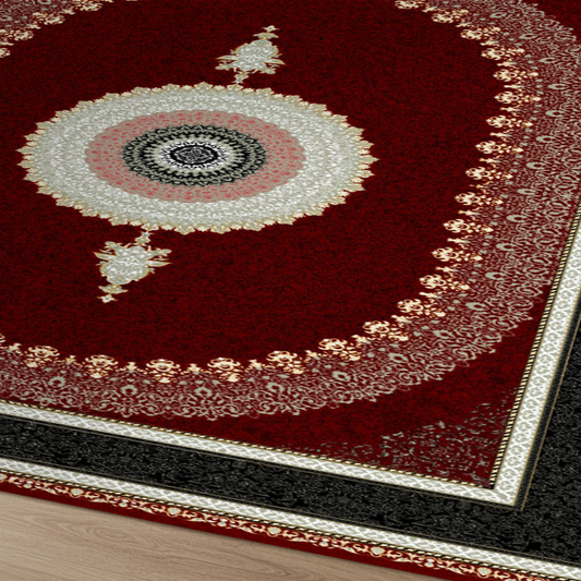 Decorative rug with intricate patterns on a wooden floor