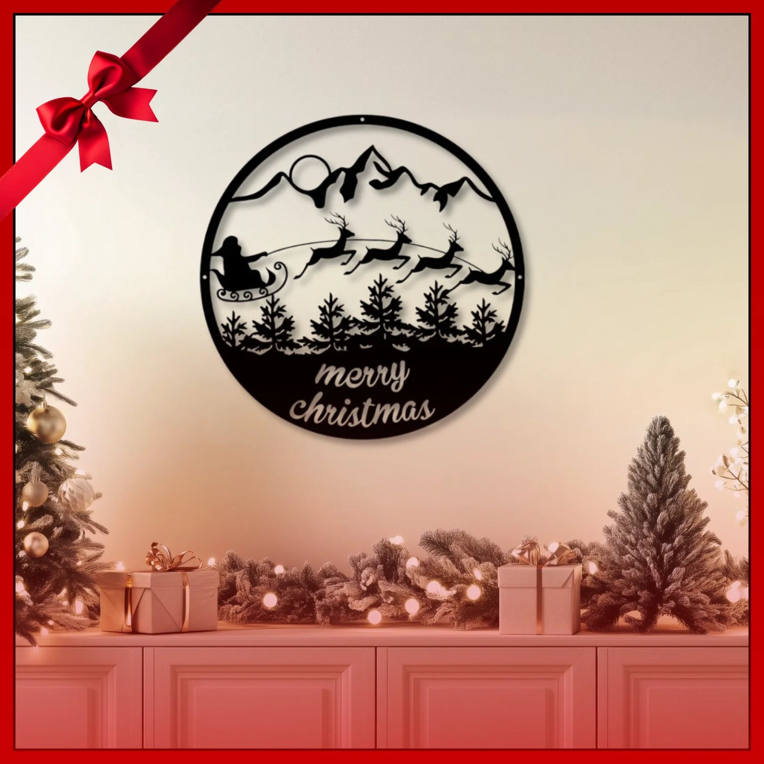 Decorative wall art with Santa Claus and reindeer silhouette on a Christmas-themed background.