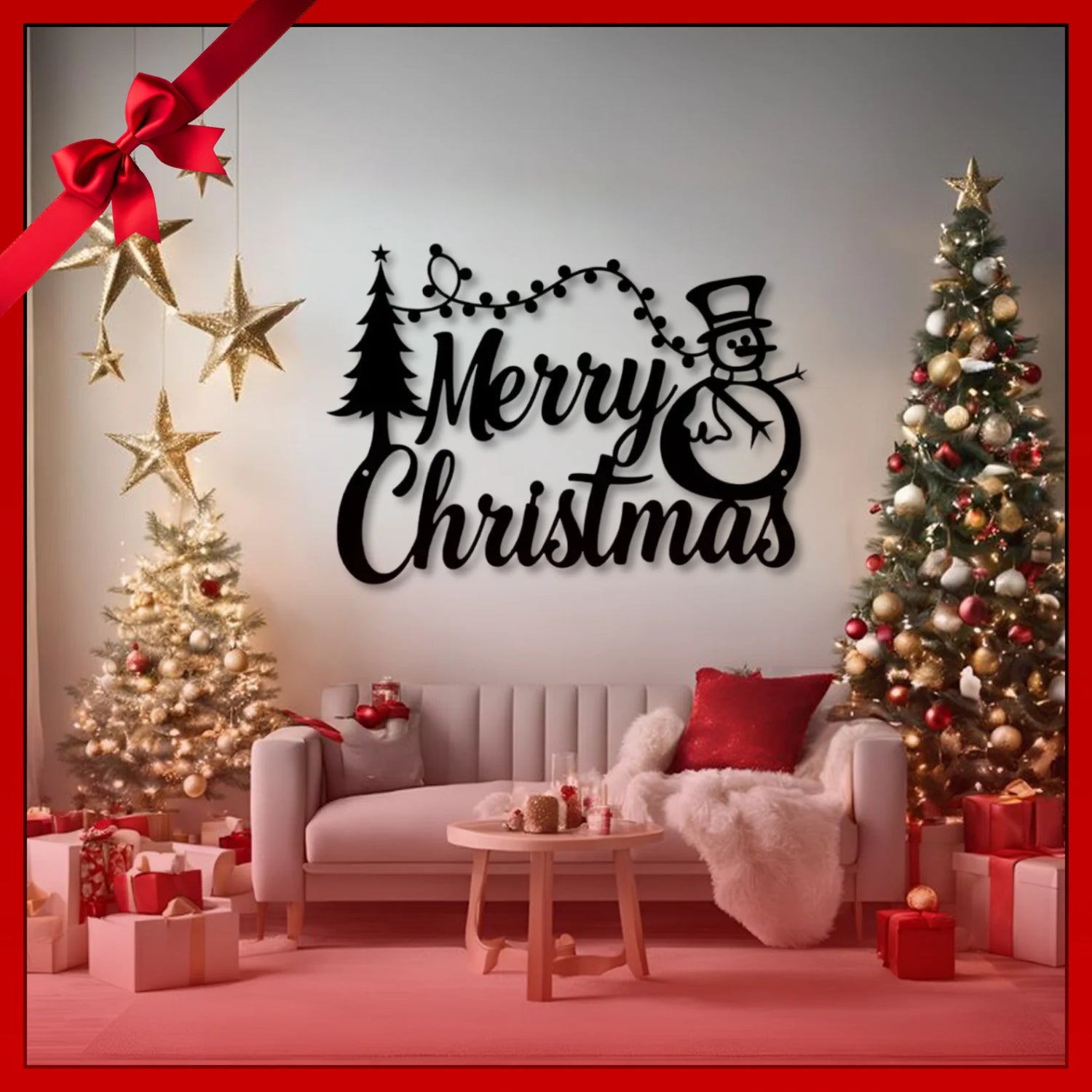 Decorated living room with Christmas trees, a couch, and a 'Merry Christmas' sign.