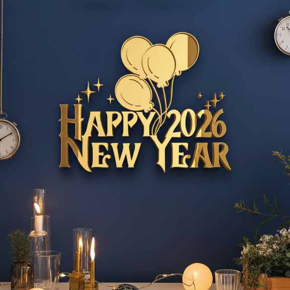 Decorative sign with 'Happy 2026 New Year' on a blue wall with candles and plants.