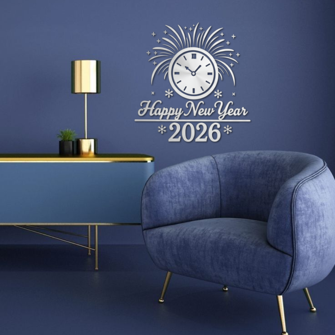 Decorative wall clock with 'Happy New Year 2026' text in a room with a blue armchair and gold lamp.