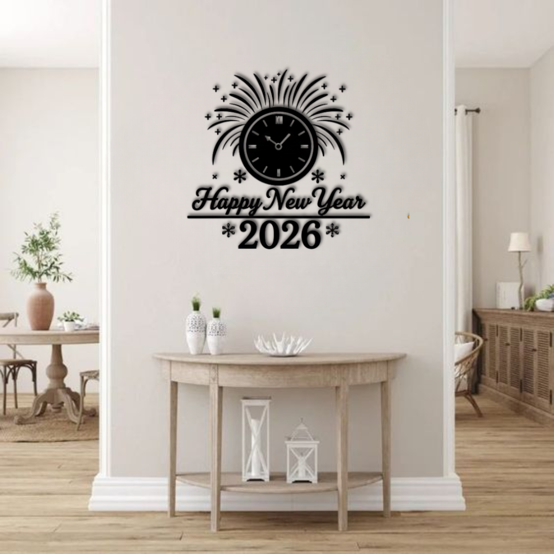 "Midnight Countdown" 2026 Wall Calligraphy – Premium Gold Acrylic Clock & Firework Decor