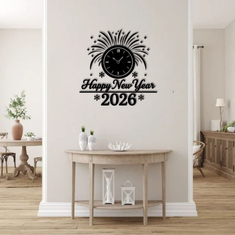 "Midnight Countdown" 2026 Wall Calligraphy – Premium Gold Acrylic Clock & Firework Decor