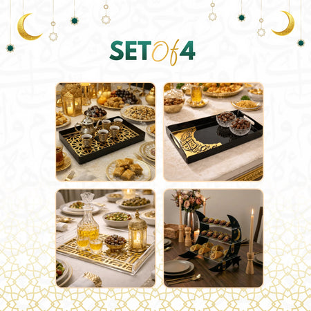 Ramadan Grand Host Set – 4-Piece Deluxe Serving Bundle: Acrylic Calligraphy Tray, Geometric Serving Trays, and 3-Tier Crescent Moon Server