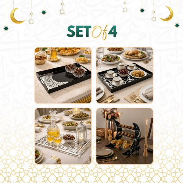 Ramadan Grand Host Set – 4-Piece Deluxe Serving Bundle: Acrylic Calligraphy Tray, Geometric Serving Trays, and 3-Tier Crescent Moon Server