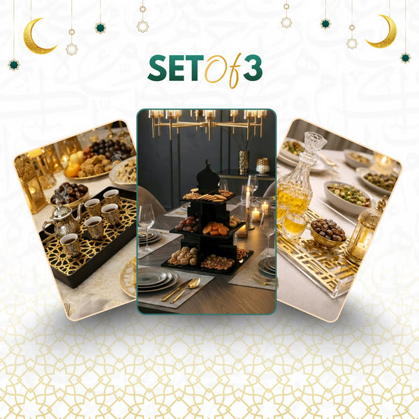 Ramadan Hosting Set – 3-Piece Bundle: Geometric Tea Tray, 3-Tier Dessert Stand, and Acrylic Serving Tray