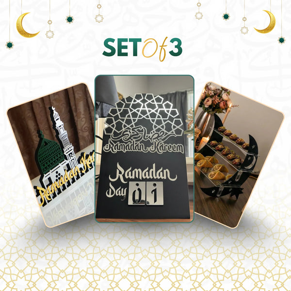 Ramadan Kareem Celebration Set – 3-Piece Bundle: Interactive Countdown Calendar, 3-Tier Crescent Server, and Mosque Silhouette Table Decor