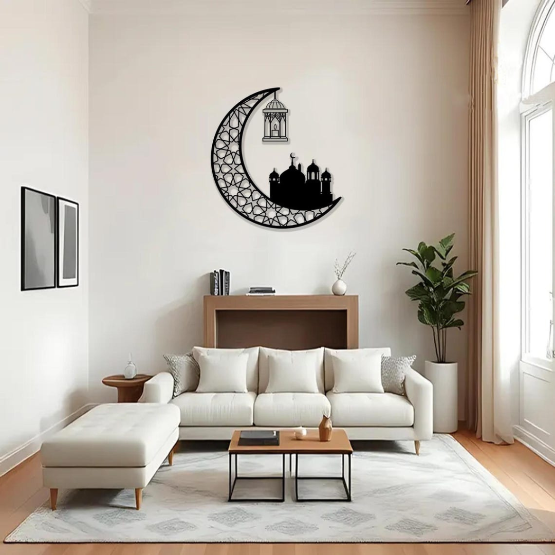 Ramadan Moon and Mosque | 2 Pcs Acrylic Wall Decoration | Islamic Calligraphy | UAE Ramadan