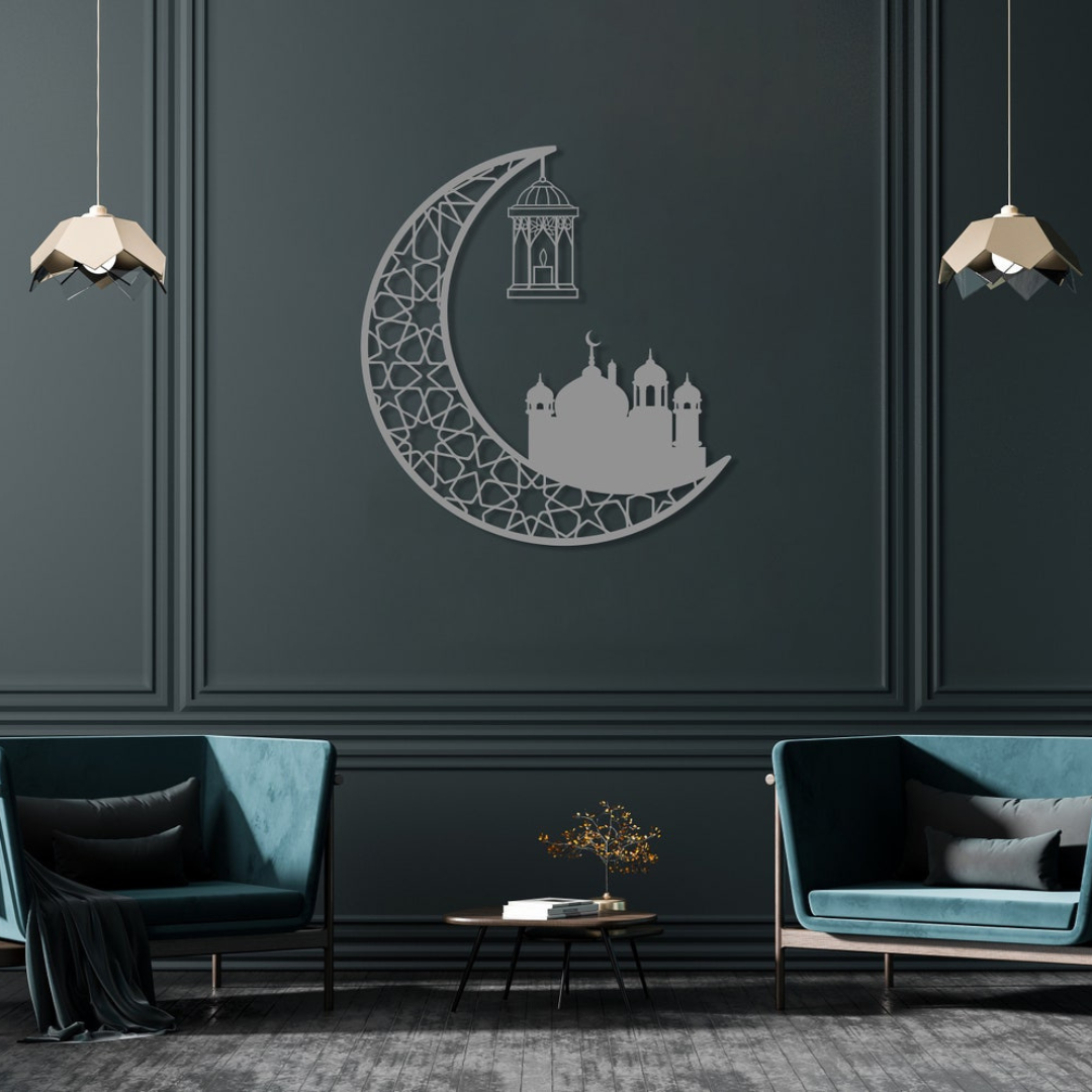 Ramadan Moon and Mosque | 2 Pcs Acrylic Wall Decoration | Islamic Calligraphy | UAE Ramadan & Eid Decor.