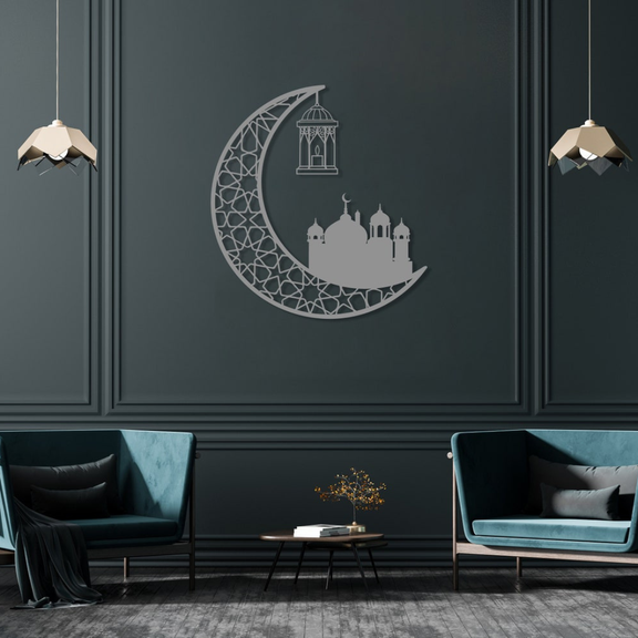 Ramadan Moon and Mosque | 2 Pcs Acrylic Wall Decoration | Islamic Calligraphy | UAE Ramadan & Eid Decor.