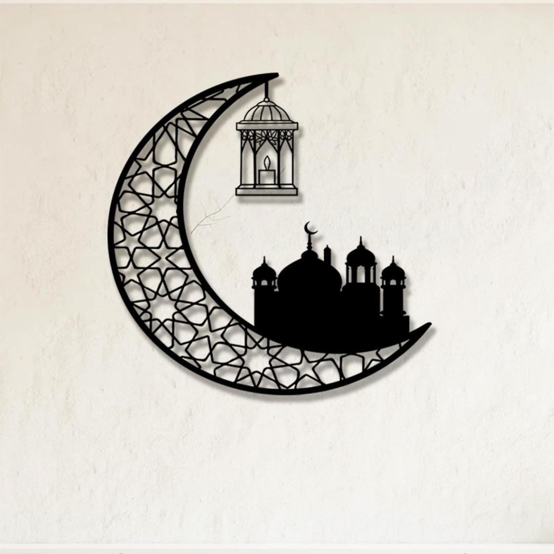 Ramadan Moon and Mosque | 2 Pcs Acrylic Wall Decoration | Islamic Calligraphy | UAE Ramadan & Eid Decor. Black