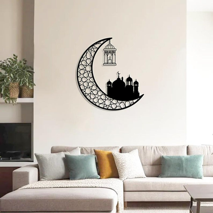 Ramadan Moon and Mosque | 2 Pcs Acrylic Wall Decoration | Islamic Calligraphy | UAE Ramadan & Eid Decor. black