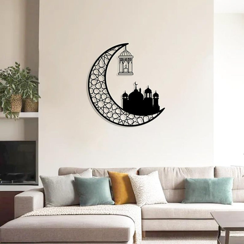 Ramadan Moon and Mosque | 2 Pcs Acrylic Wall Decoration | Islamic Calligraphy | UAE Ramadan & Eid Decor. black