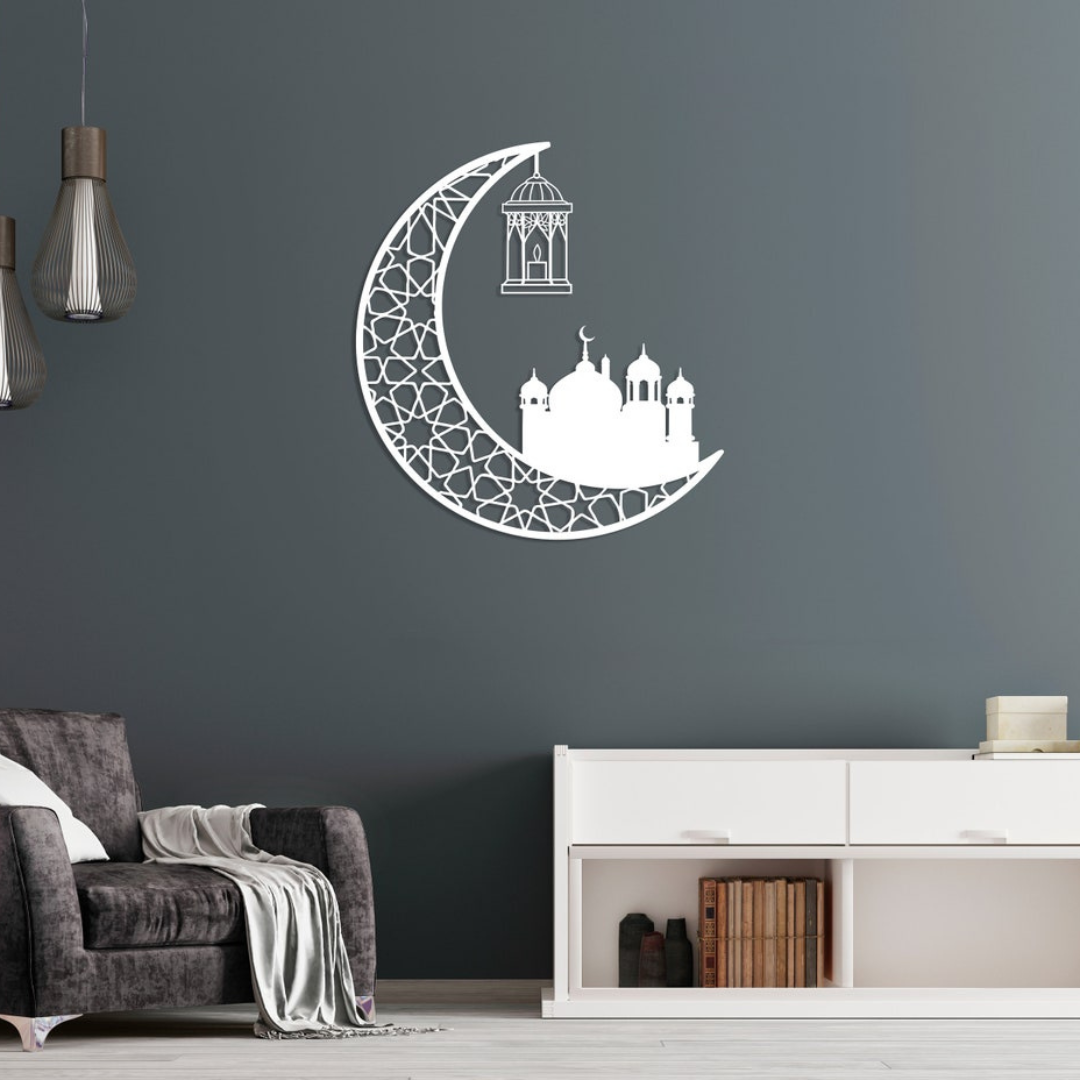 Ramadan Moon and Mosque | 2 Pcs Acrylic Wall Decoration | Islamic Calligraphy | UAE Ramadan & Eid Decor. silver