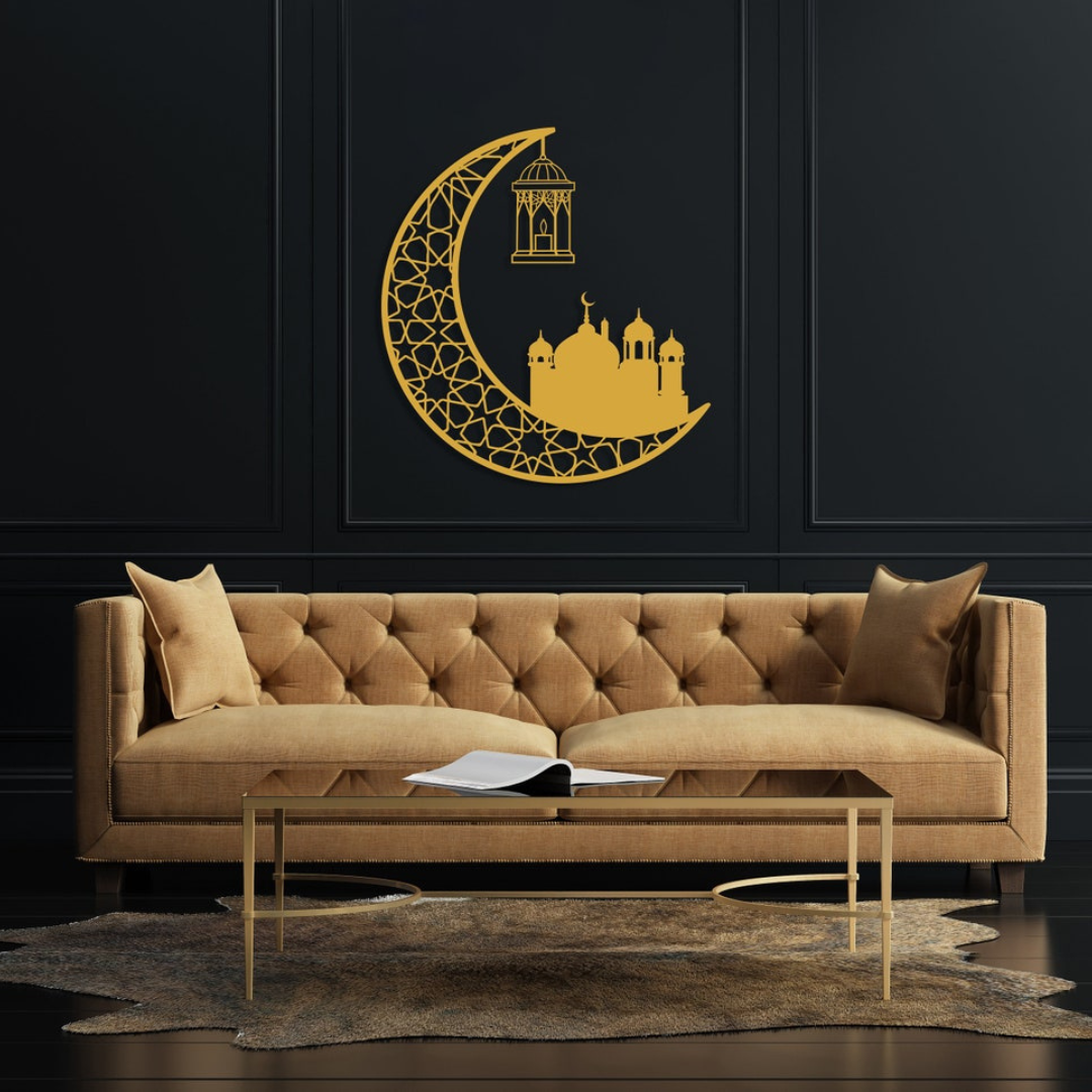 Ramadan Moon and Mosque | 2 Pcs Acrylic Wall Decoration | Islamic Calligraphy | UAE Ramadan & Eid Decor