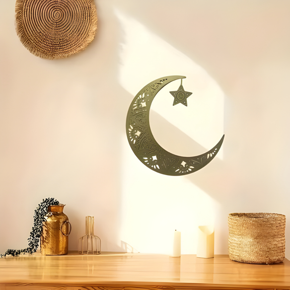 Ramadan Moon and Star | 2 Pcs Acrylic Wall Decoration | Islamic Calligraphy | UAE Ramadan & Eid Decor...