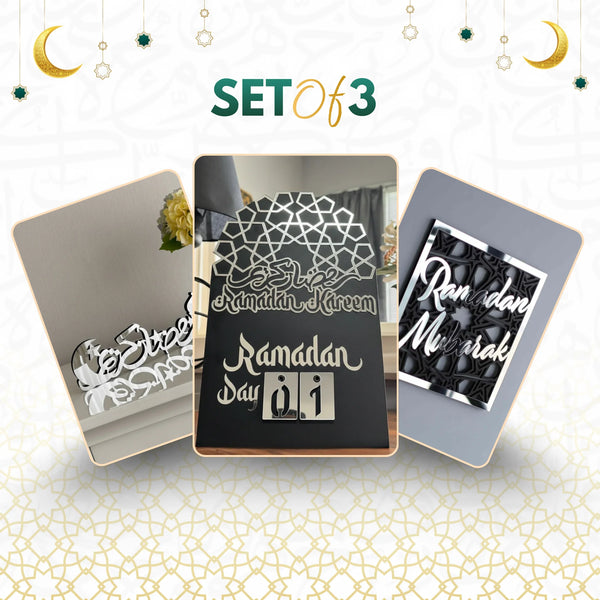 Ramadan Reflection Set – 3-Piece Bundle: Geometric Countdown Calendar, Acrylic Wall Medallion, and "Ramadan" Table Calligraphy