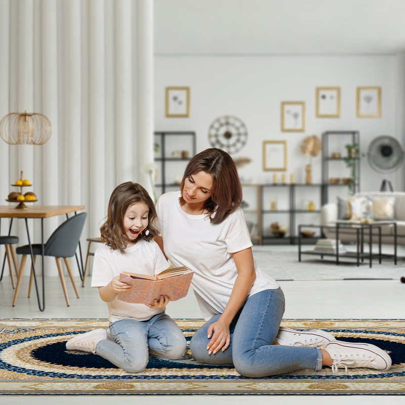 Sadra Navy Persian Medallion Rug – Midnight Blue & Cream..