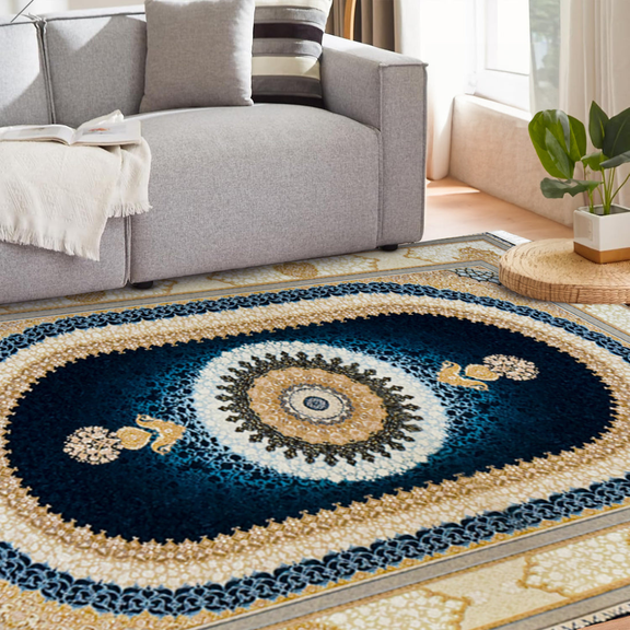 Sadra Navy Persian Medallion Rug – Midnight Blue & Cream Oval Silk-Style Rug...