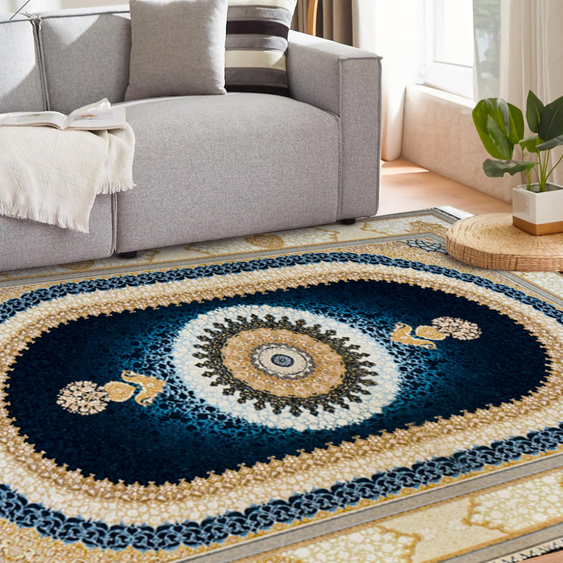 Sadra Navy Persian Medallion Rug – Midnight Blue & Cream Oval Silk-Style Rug...