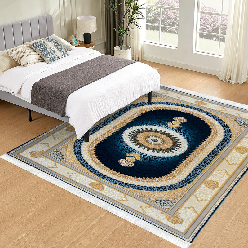 Sadra Navy Persian Medallion Rug – Midnight Blue & Cream Oval Silk-Style Rug...