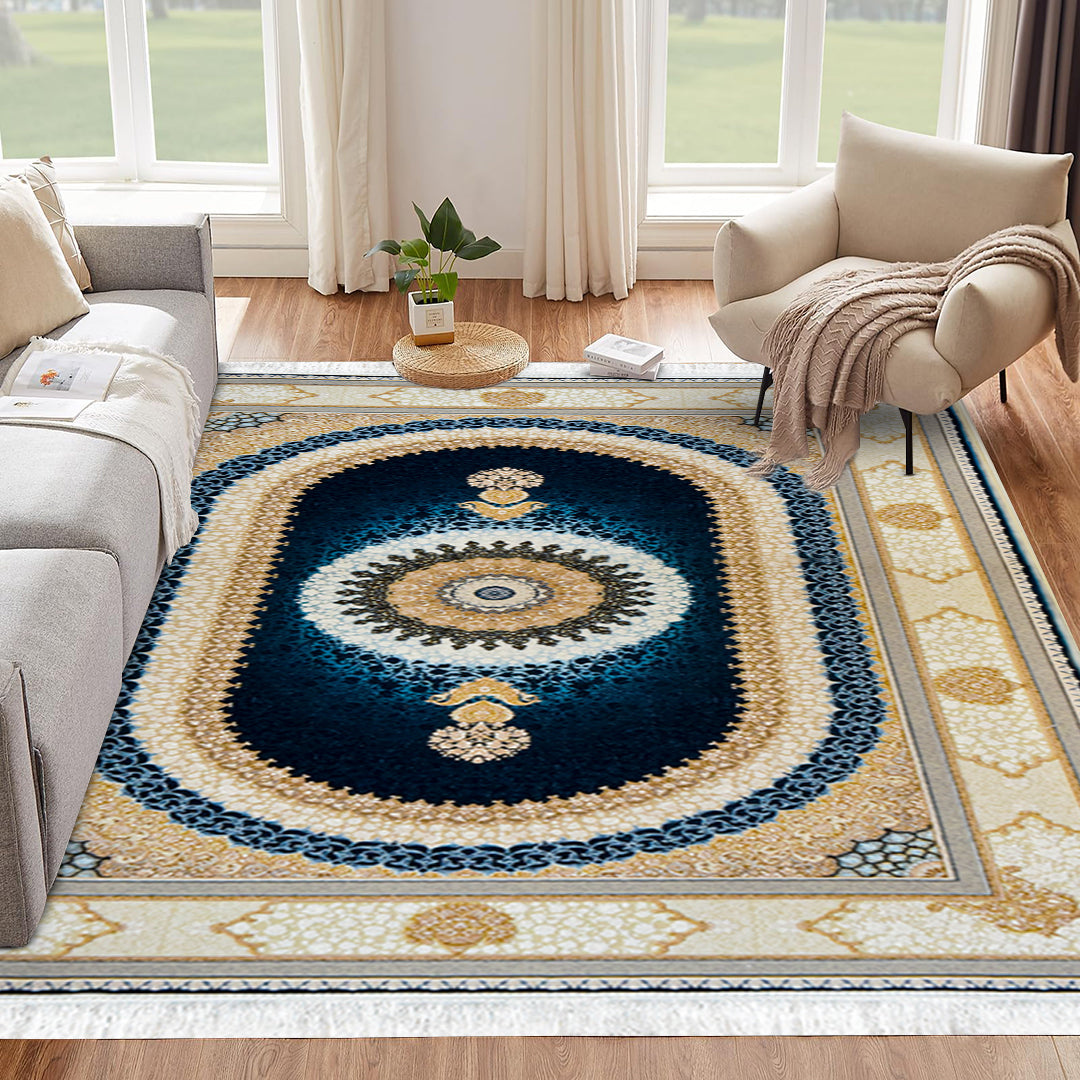 Sadra Navy Persian Medallion Rug – Midnight Blue & Cream Oval Silk-Style Rug..