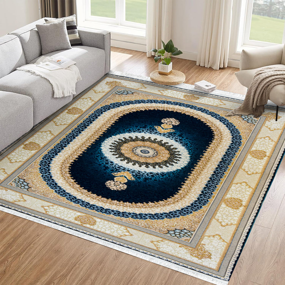 Sadra Navy Persian Medallion Rug – Midnight Blue & Cream Oval Silk-Style Rug
