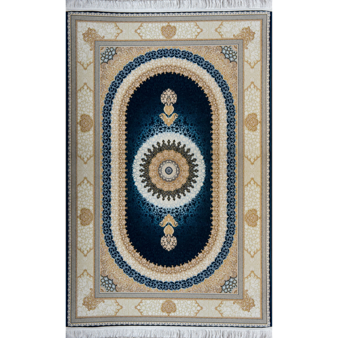 Sadra Navy Persian Medallion Rug – Midnight Blue & Cream Oval Silk-Style Rug
