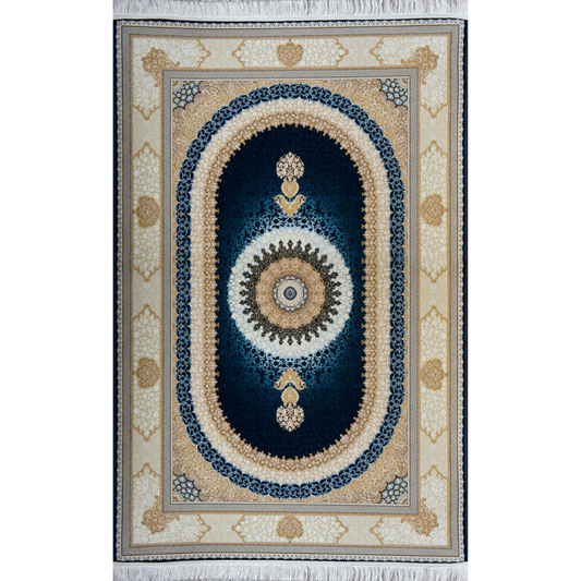 Sadra Navy Persian Medallion Rug – Midnight Blue & Cream Oval Silk-Style Rug
