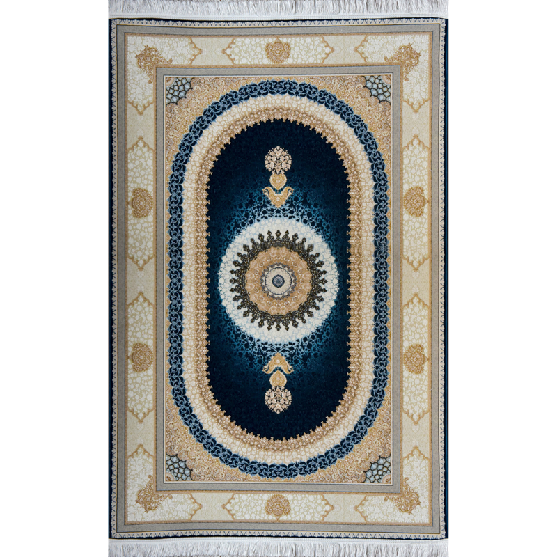 Sadra Navy Persian Medallion Rug – Midnight Blue & Cream Oval Silk-Style Rug