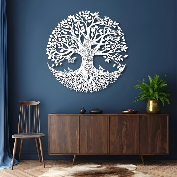 Tree of Life Acrylic Wall Art – Round Sacred Tree Design with Butterflies