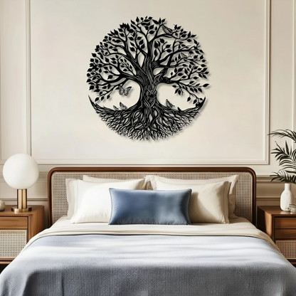 Tree of Life Acrylic Wall Art – Round Sacred Tree Design with Butterflies black