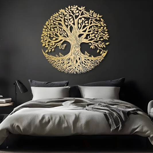Tree of Life Acrylic Wall Art – Round Sacred Tree Design with Butterflies gold