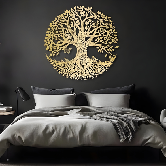 Tree of Life Acrylic Wall Art – Round Sacred Tree Design with Butterflies gold