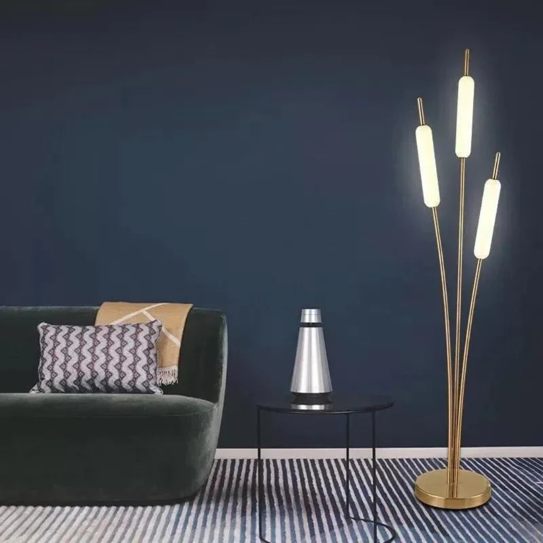Typha Gold Reed Floor Lamp – Modern 3-Light Minimalist Standing Lamp with Frosted Tube Shades....