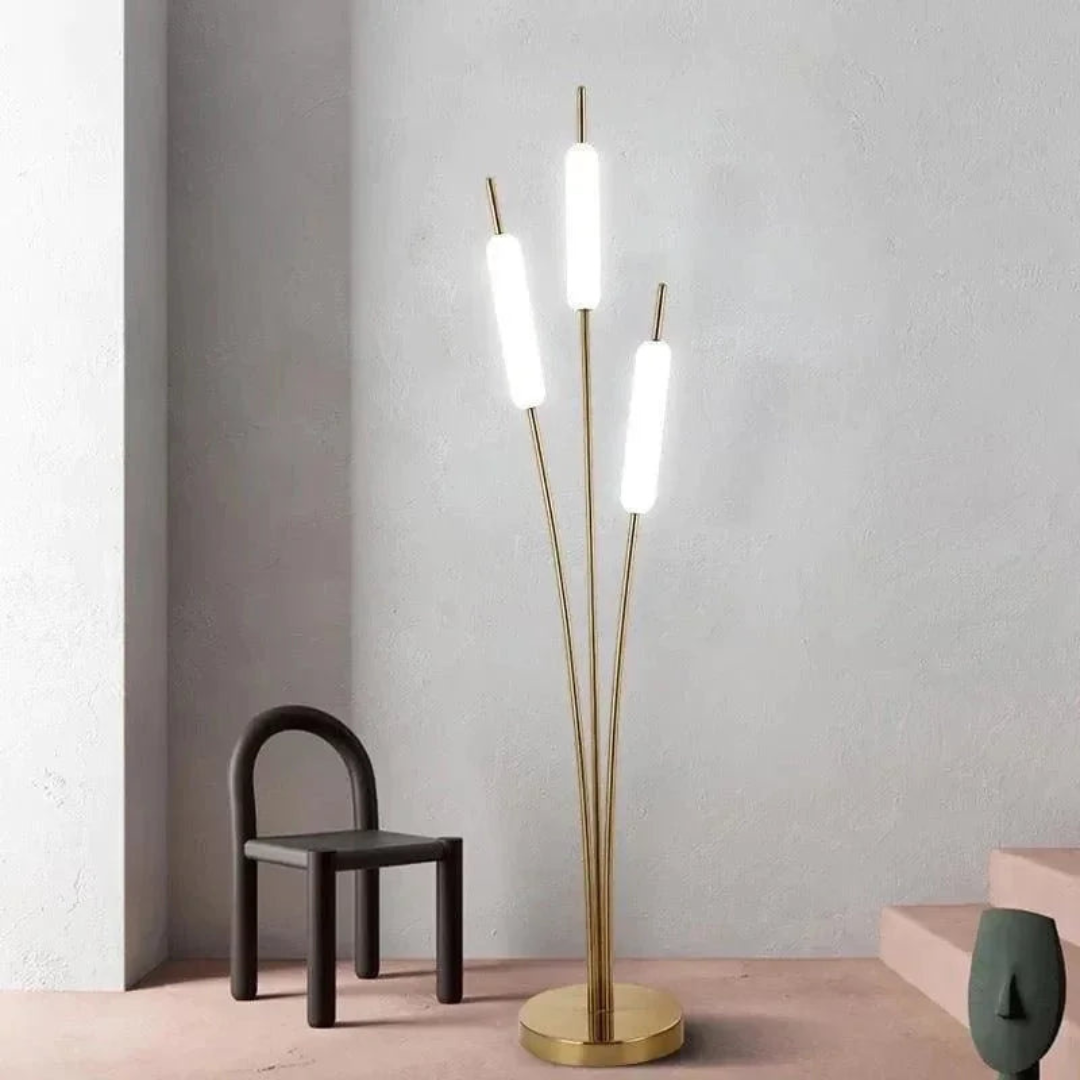 Typha Gold Reed Floor Lamp – Modern 3-Light Minimalist Standing Lamp with Frosted Tube Shades...