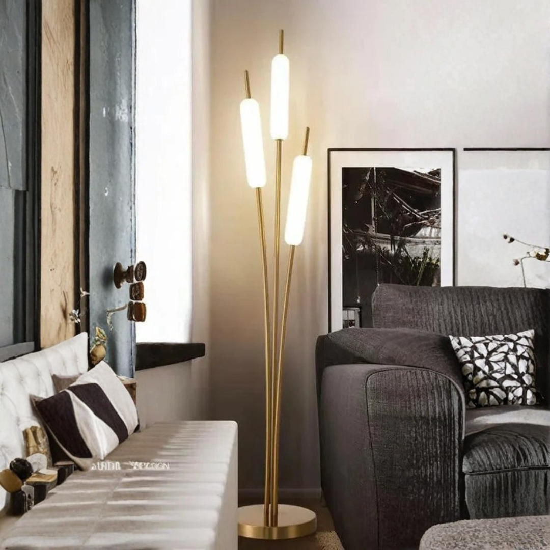 Typha Gold Reed Floor Lamp – Modern 3-Light Minimalist Standing Lamp with Frosted Tube Shades.