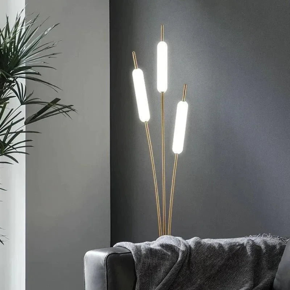 Typha Gold Reed Floor Lamp – Modern 3-Light Minimalist Standing Lamp with Frosted Tube Shades