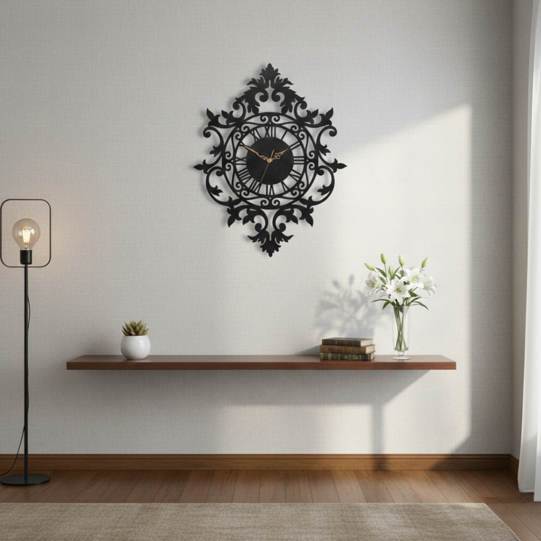 Vintage Baroque Style Acrylic Wall Clock | Ornate Black Scrollwork Decor